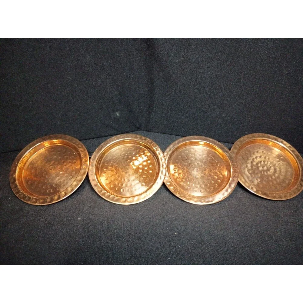 Set of 4 Hammered Copper Coasters Round Rustic Barware Cocktail Drink
